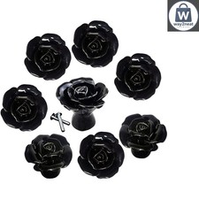 Rose Shaped Black Ceramic Knobs - 8 Count Elegant Drawer and Cabinet Enhancers