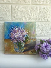AUTHOR'S PAINTING The Painting lilac aster. Flowers painting 5x5 inch