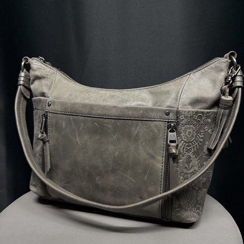 The Sak Gray Leather Floral Embossed Casual Everyday Shoulder Bag Travel Purse