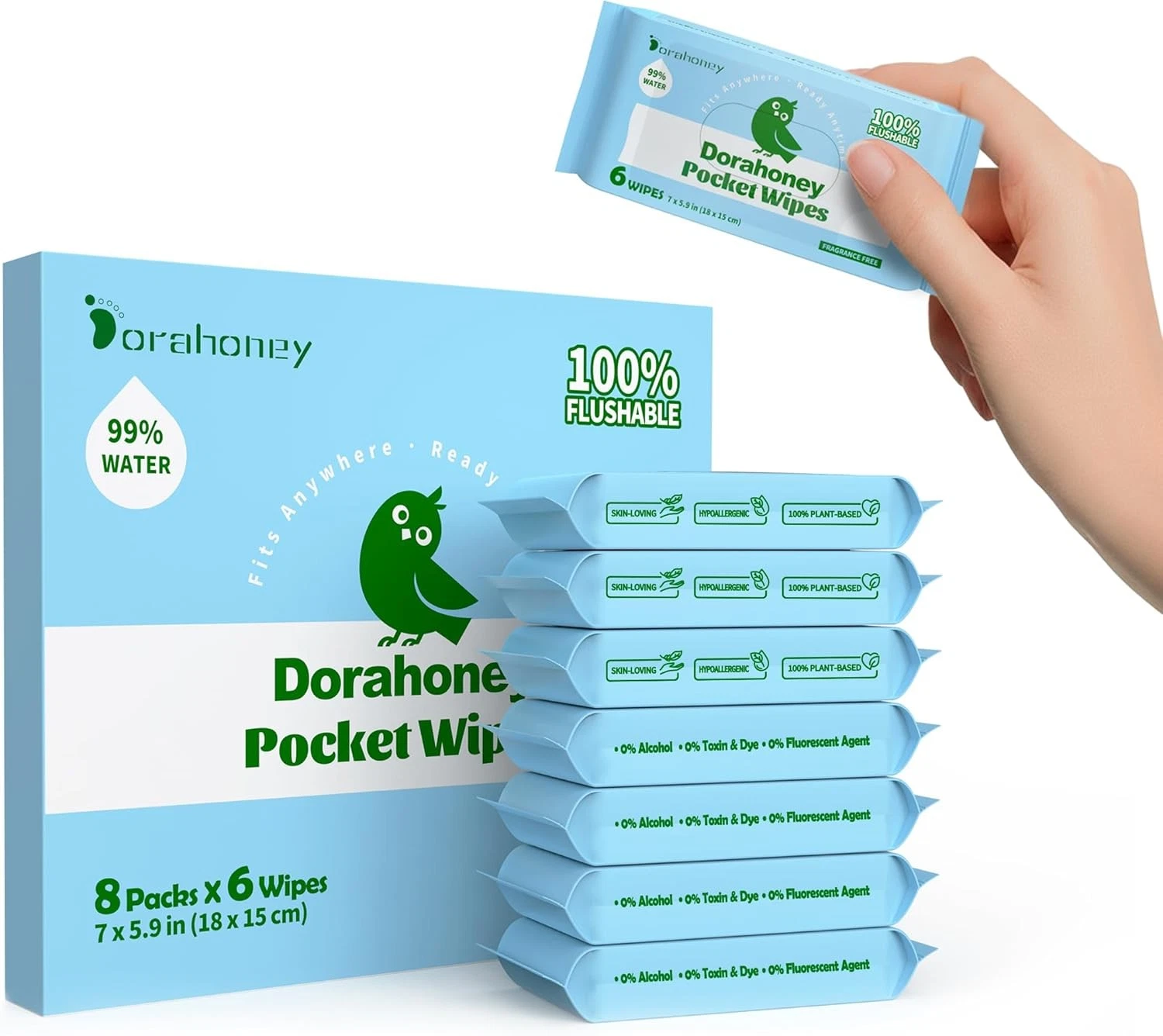 Mini Flushable Wet Wipes, Travel Size, 99% Water, 6 count (Pack of 8)