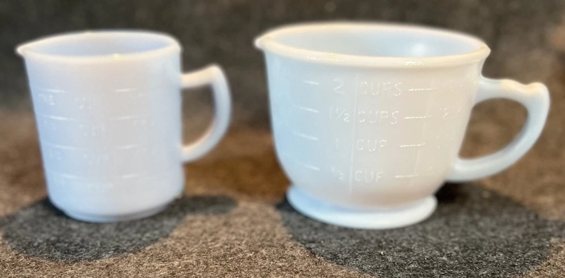 Pair of Delphite Blue Milk Glass Handled Measuring Cups Vintage Reproduction
