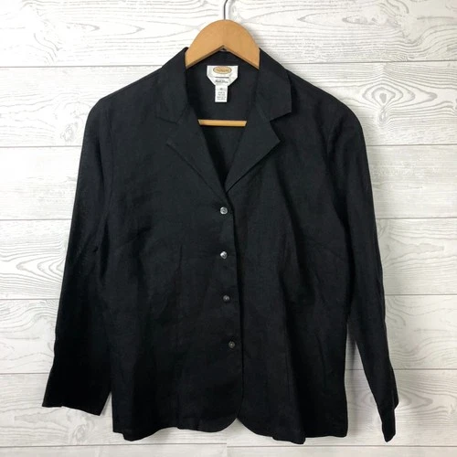 Talbots Women's Size 10 Button Front Shirt 100% Irish Linen Long Sleeve Black