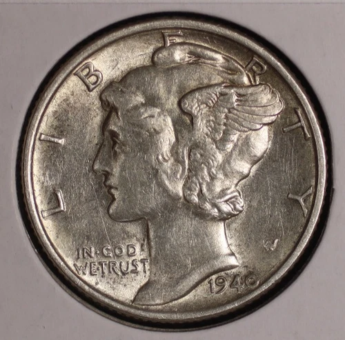 Mercury Silver Dime. 1940 P. About Uncirculated. Lot # 9061-5-06