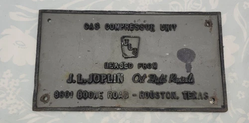 Cast Sign Vintage J.L. Joplin Gas Compressor Unit Houston Texas name plate