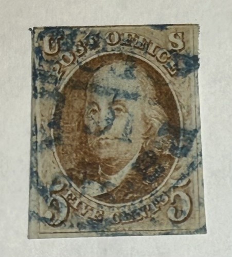 US #1 1847 5c red brown Franklin 4-margins Used/Waterways(?)cancel; $500-700 CV - Picture 2 of 4