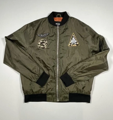Brooklyn Standard Jacket Mens Medium Green Bomber Flight Patches Zip Lined - product listing photo