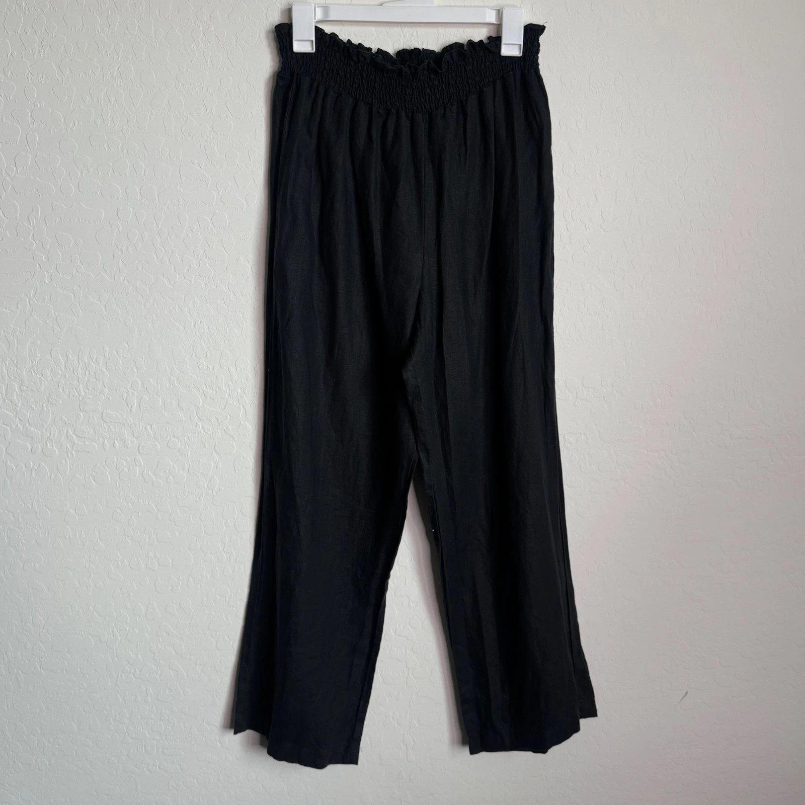 House of Harlow 1960 Womens Black 100% Linen Smocked Paperbag Wide Leg Pants L