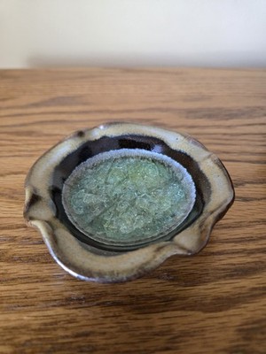 Green Glazed Pottery Glass Crackle Trinket Dish  Made In the USA