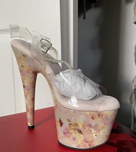 Pleaser Blush Gold Marble Platform Peep Toe Clear Strap Stiletto Heel 6