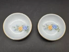 2 Vintage Round  White Milk Glass Open Salt Cellars Blue Pink Roses Gold Trim