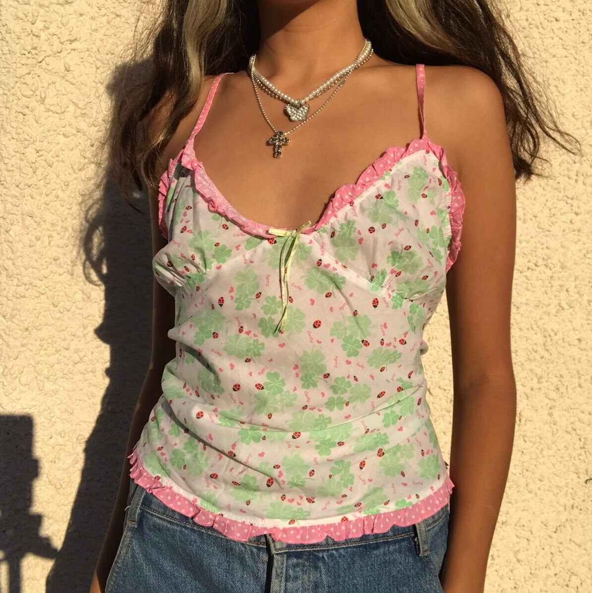 Vintage Y2K Floral V-neck Tank Top Retro Ruffles Trim Spaghetti