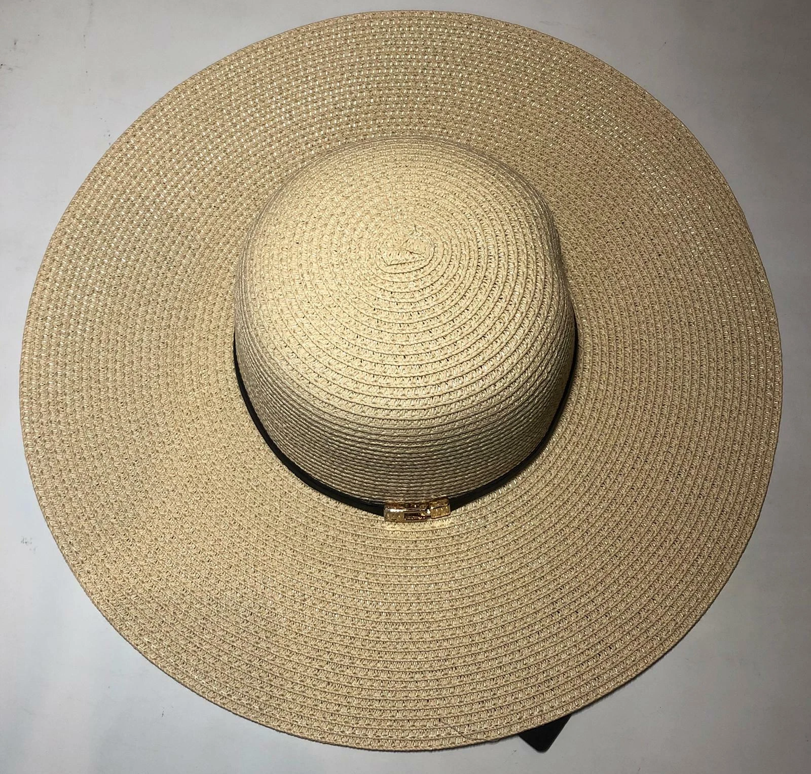 Beach Packable Gold Clasp Leather Brim Paper Straw Floppy Women's Hat SPF50