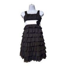 VTG My Michelle Womens S Blk W/Wht Sash Sleeveless Tank Ruffled Dress