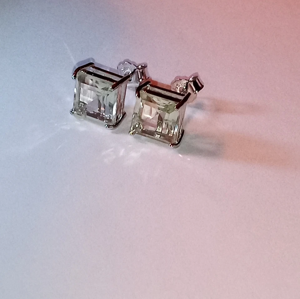 5 Ctw Green Amethyst,square cut heat treated Earrings, Solid Sterling Silver New - Image 3 of 4
