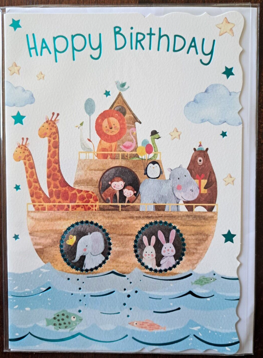 Happy Birthday Animal Ark Card For Boy. Giraffe, Monkey, Hippo, Snake On Front