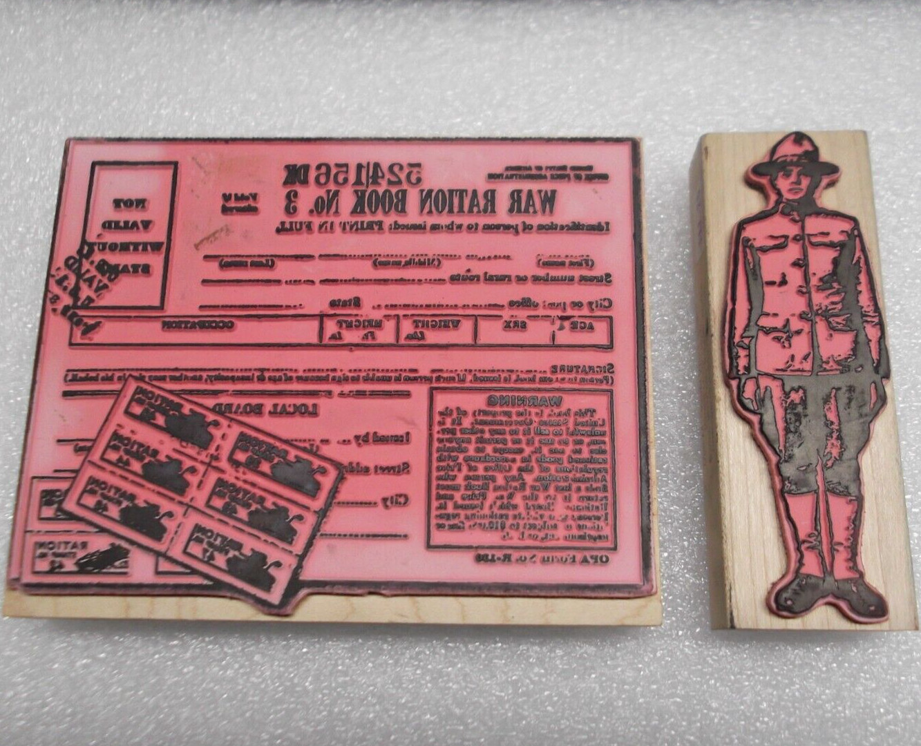 (2) Rare WWI SOLDIER & WAR RATION BOOK Rubber Stamps RIVER CITY RUBBER WORKS La Paz County