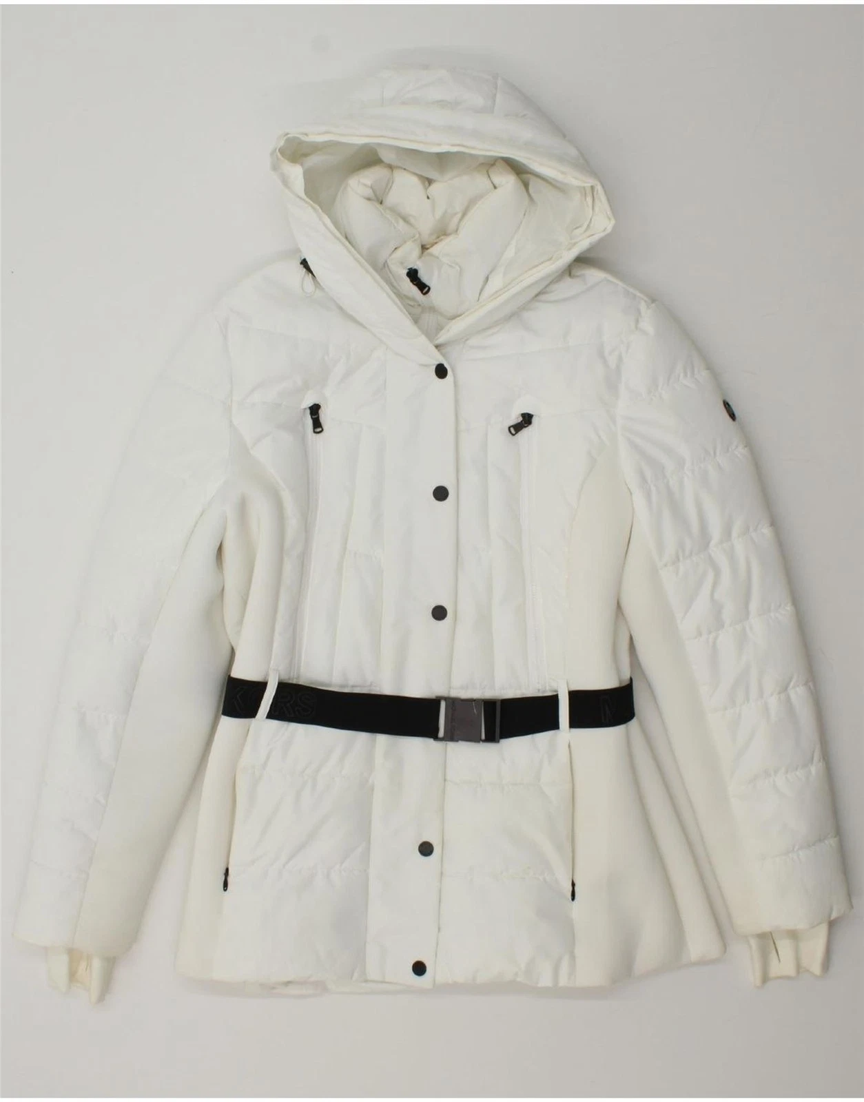 MICHAEL KORS Cappotto donna imbottito con cappuccio UK 16 Large bianco poliestere BF12