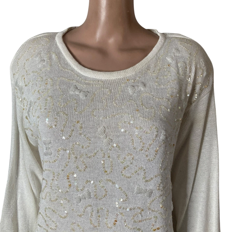 Vintage Jaclyn Smith Sweater Womens Large White Iridescent Sequins Pullover  - Image 4 of 4