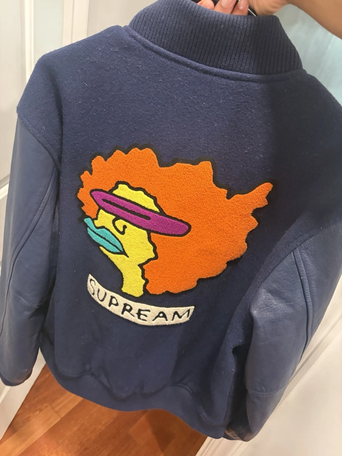 Supreme Navy Leather Varsity Jacket M Snap Front Lined Cartoon Embroidered image 2
