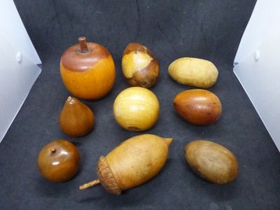 Vintage Holz Obst Apfel x2 Birne Eichel Ei x 3 Kartoffel & Kugel insgesamt 9