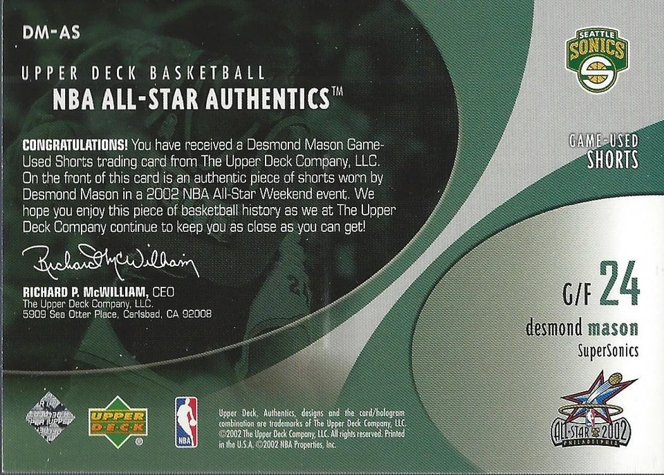 2002-03 Upper Deck All-Star Authentics Shorts #DMAS Desmond Mason - BSK - Image 2 of 2