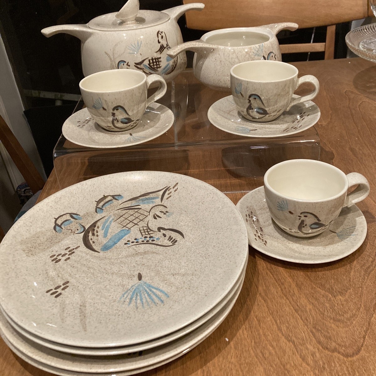 13 Pc Vintage Red Wing Pottery Bob White Quail Design Hand Painted