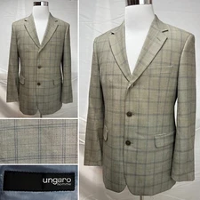 Men's Ungaro Homme Wool Windowpane Plaid Beige/Taupe 3-Button 38R Blazer Jacket