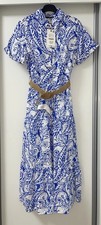 ZARA BLUE WHITE CUTWORK EMBROIDERED COLLARED MIDI BELTED SHIRT DRESS SIZE S BNWT
