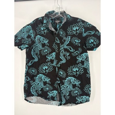 Eighty Eight Mens Black Dragon Lotus Print Short Sleeve Button Up Shirt Size S