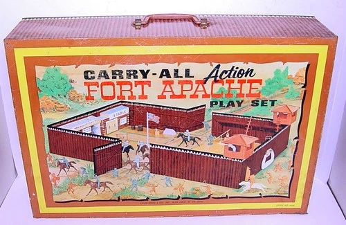 1968 MARX CARRY-ALL ACTION FORT APACHE PLAY SET #4685 w 1ST ISSUE TIN BUILDINGS!