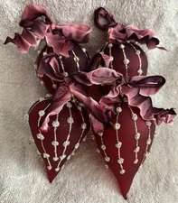 Glittered Glass Christmas Ornament Set of 4 Red Drops w/Bows- Made in Poland