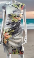 KAY UNGER Elegant Silk Blend Grey Floral Print  Ruched Sheath Dress Size 6