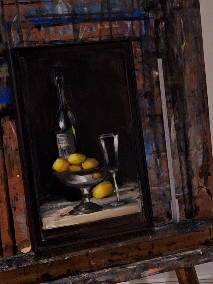 Original Ölgemälde  Stillleben Wein Zitrone  Impressionismus Vintage Holzrahmen  - Bild 3 von 4