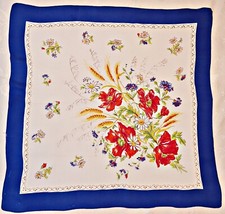 SCARF VINTAGE AUTHENTIC FLORAL ART BLUE WHITE RED VISCOSE 27" SQUARE