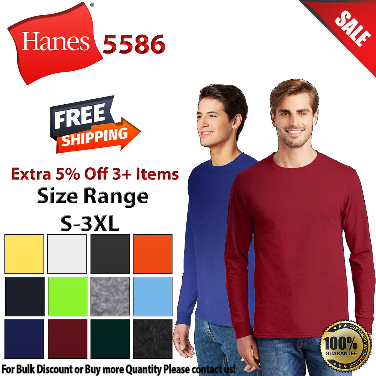 Hanes 5586 Mens Long Sleeve Authentic 100% Cotton Crew Neck Hanes 5586 Mens Long Sleeve Authentic 100% Cotton Crew Neck