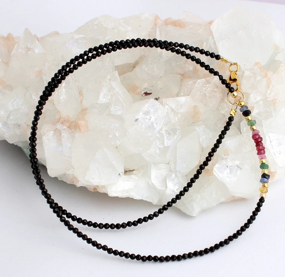 Spinell Kette mit Rubin Saphir Smaragd und vergoldet 925 Silber Collier ca.46 cm - Bild 2 von 2