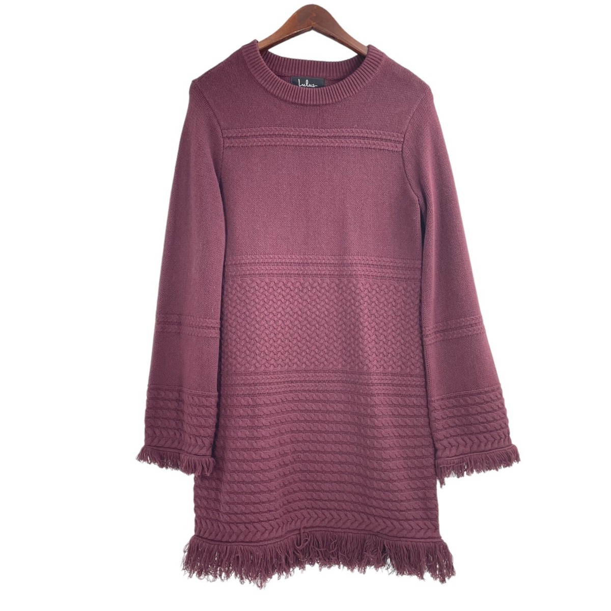 Lulu's Ambitious Attitude Burgundy Cable Knit Sweater Dress Womens XS Fringe