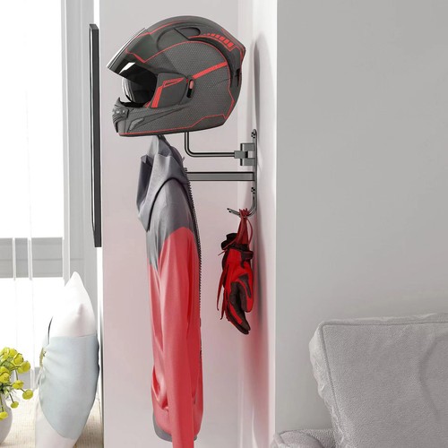 Wall-Mounted Motorcycle Helmet Storage Holder with Coat Rack 180-Degree Rotation - Picture 6 of 13