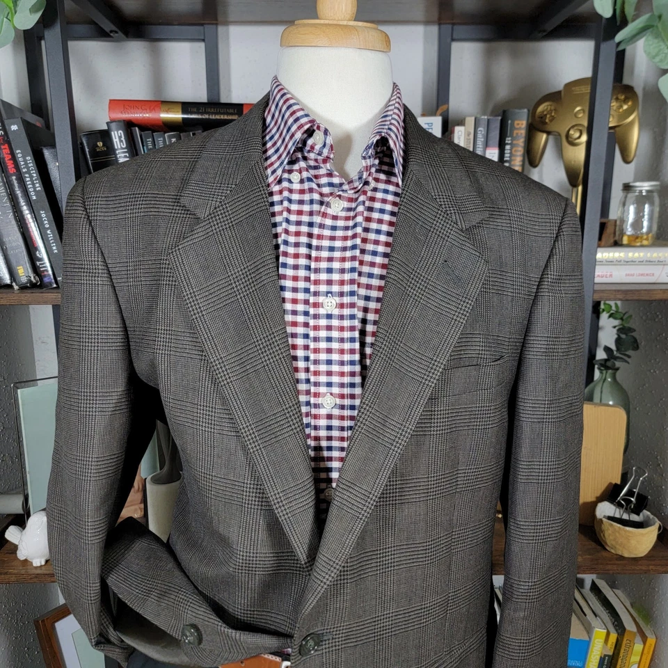 Casaco esportivo masculino Club Room blazer xadrez de dois botões marrom lã pura tamanho 43R - Imagem 2 de 4