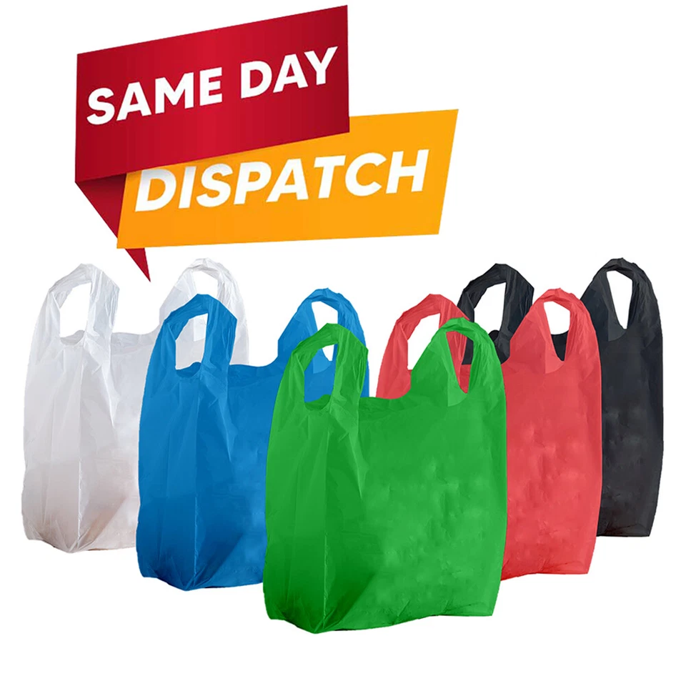 AMICOPACKAGING BOLSAS DE PLÁSTICO CHALECO PORTADORAS AZUL BLANCO NEGRO ROJO Y VERDE TODOS LOS TAMAÑOS SUPERMERCADOS