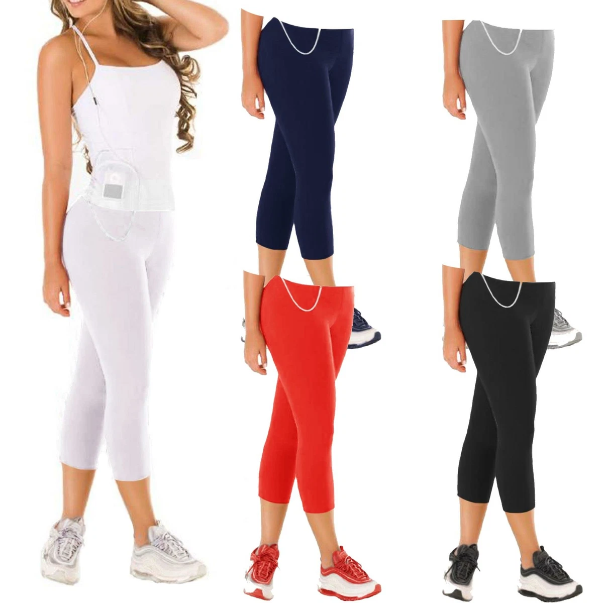 Womens Cropped Cotton Leggings Capri Length Elastic Waist Stretchy