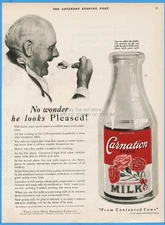 1925 Carnation Milk Quart Bottle 1920s Canned Food Americana He Looks Pleased Ad
