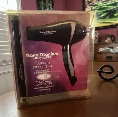 BaBylissPRO Nano Titanium 1in Ultra-Thin Flat Iron + 2000W Ionic Dryer