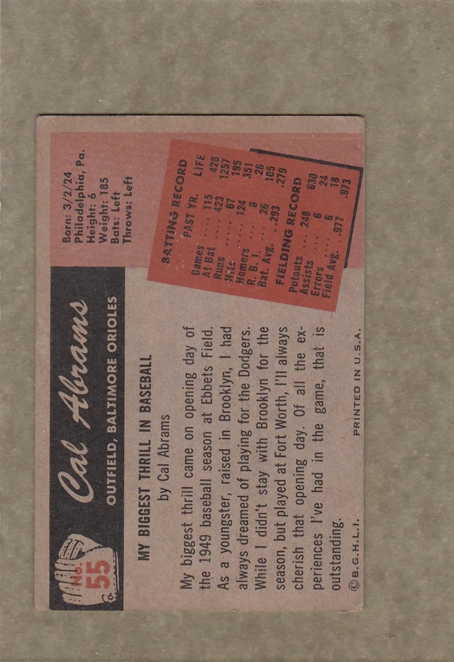 *1955 BOWMAN #33 CAL ABRAMS, ORIOLES nice w faint hrln top edge - Image 2 of 2