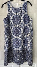 Everly Blue White Geometric Print Sleeveless Lined Knee Length Dress Large M