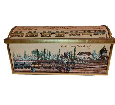 E Otto Schmidt Tin Cookie Container Germany Railroad Scene Paper Pieces Included