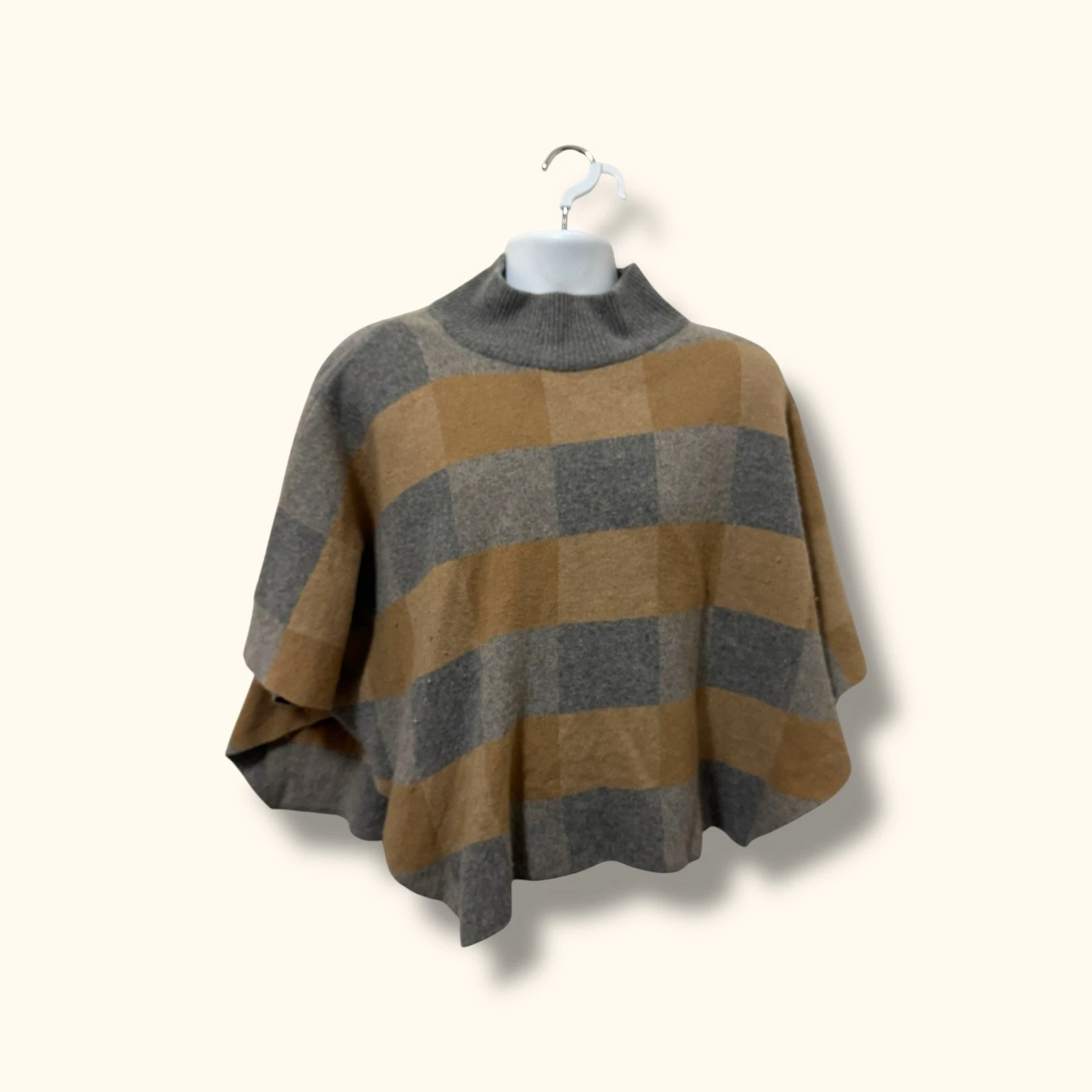 Note di Anita One Size Poncho Sweater Gray Camel Stripe Mock Neck Cape Boho