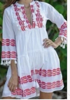 Bindu Women s  Embroidered Tassel Tunic Dress Cotton Lined  White Pink Red Sz S