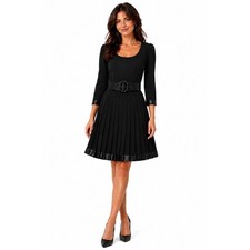Vintage ‘90s Black Fit & Flare Pleated Belted 3/4 Sleeve Knee Length Dress