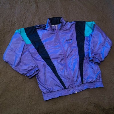 black adidas jacket with purple stripes